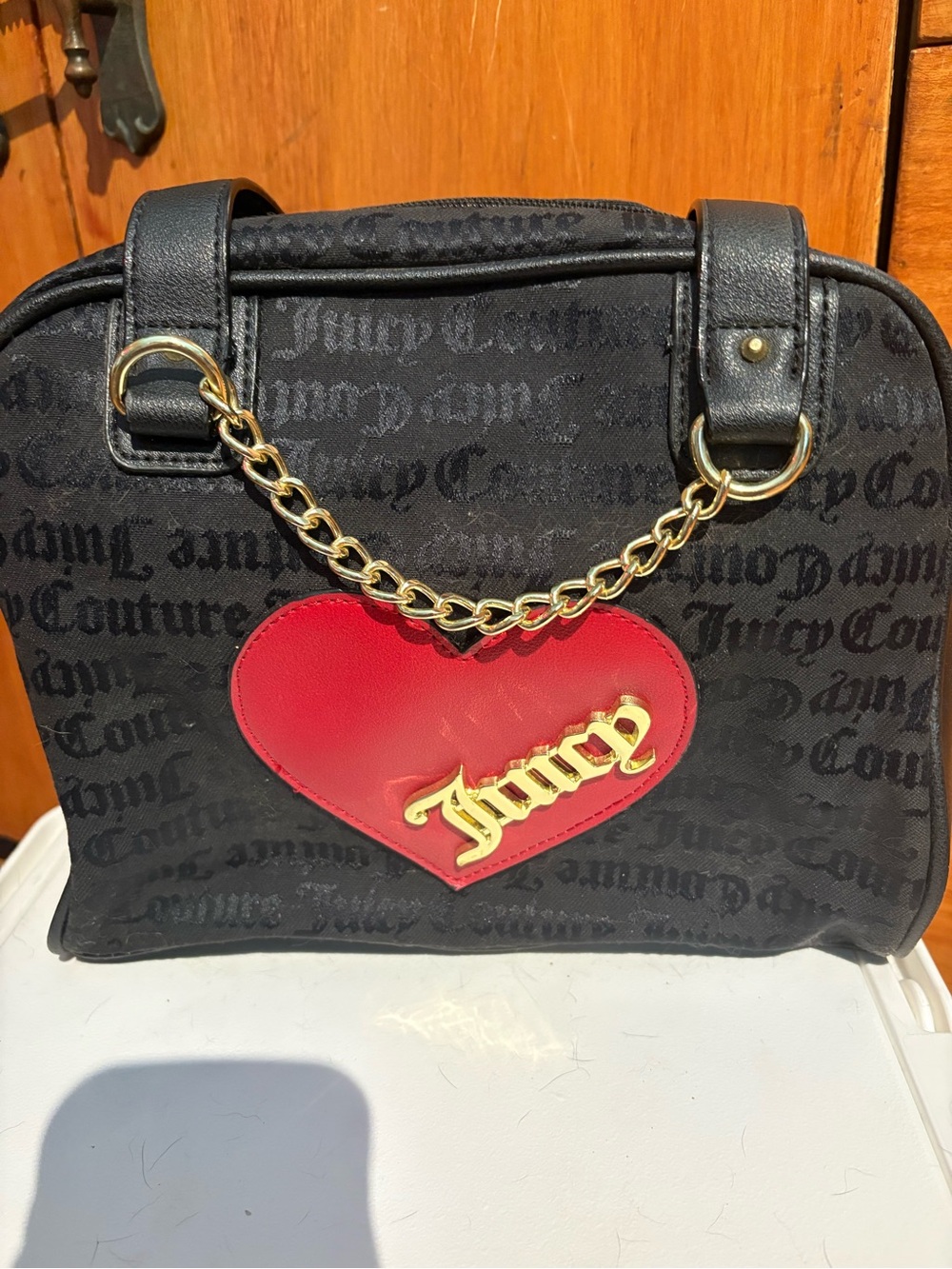 Juicy Couture Black Satchel with Red Heart and Gold Chain